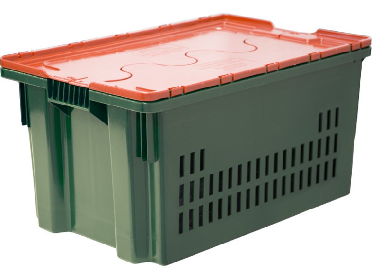 Ящик 600х400х300 дно сплошное, стенки перфорированные, Safe PRO цв. зелёный с оранжевой крышкой купить в Калуге